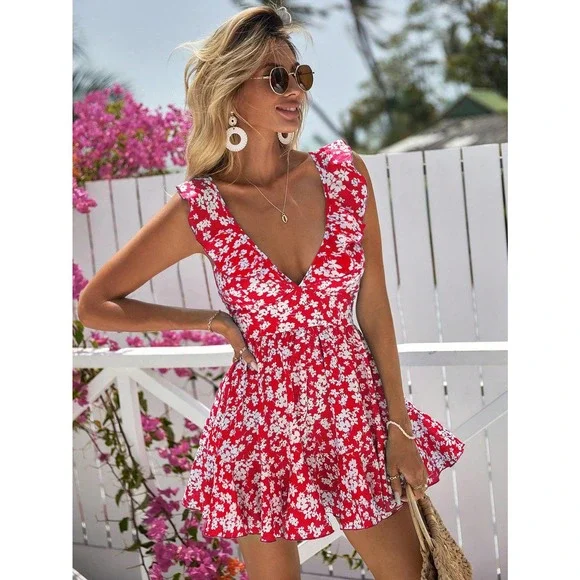 Boho Allover Floral Print Ruffle Trim Romper - Picture 4 of 12